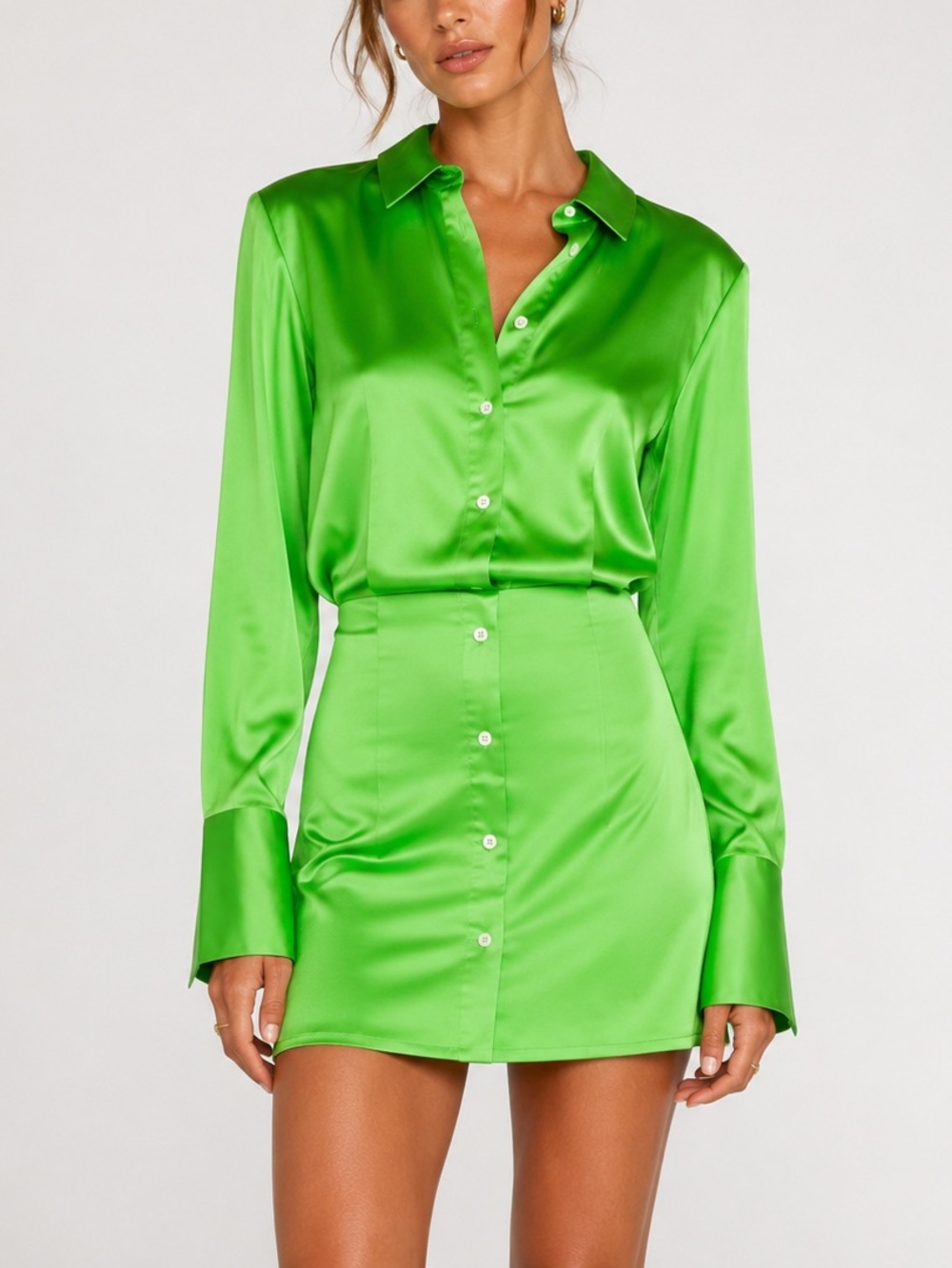 FRAME Strong Shoulder Silk Mini Dress Bright Green Medium Satin Finish Fall